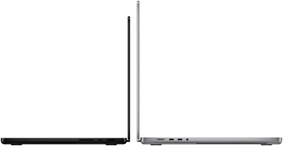 14palcový a 16palcový MacBook Pro zadními stranami u sebe na ilustraci rozdílu ve velikostech a zdůraznění úzkého profilu